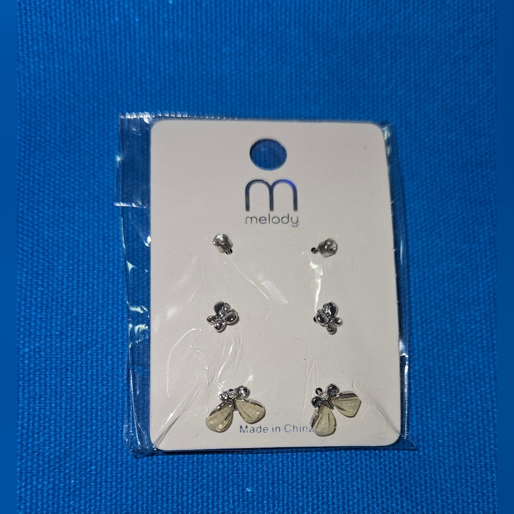 3 Pairs Elegant Silver Tone Butterfly Earrings BNIB